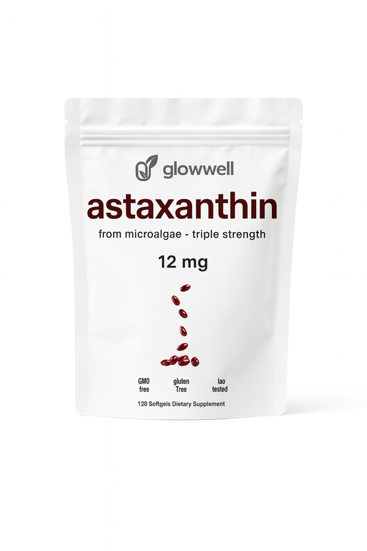 Glowwells' Astaxanthin 12mg, 120 softgels tanning pills, Strength Carotenoids Skin Supplement w. 100% Natural Astaxanthin from MicroAlgae