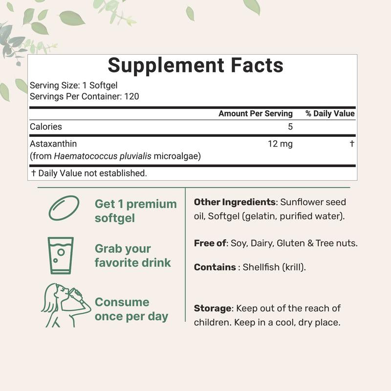 Glowwells' Astaxanthin 12mg, 120 softgels tanning pills, Strength Carotenoids Skin Supplement w. 100% Natural Astaxanthin from MicroAlgae